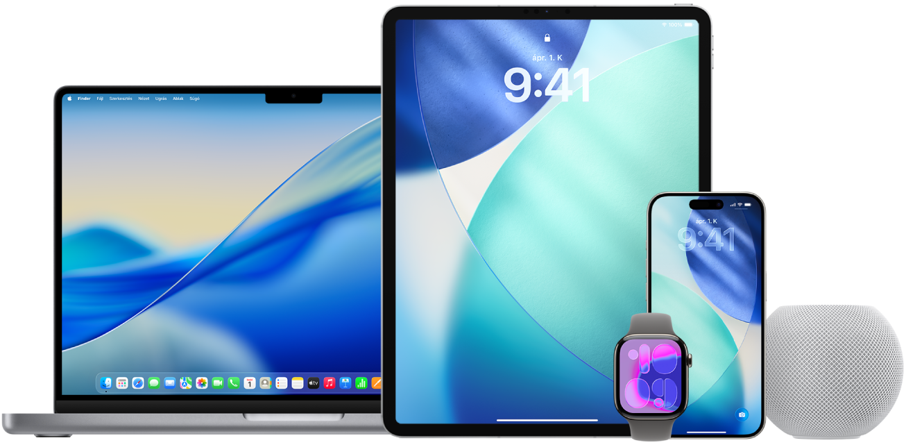 Egy MacBook Pro, egy iPad, egy Apple Watch, egy iPhone és egy HomePod.