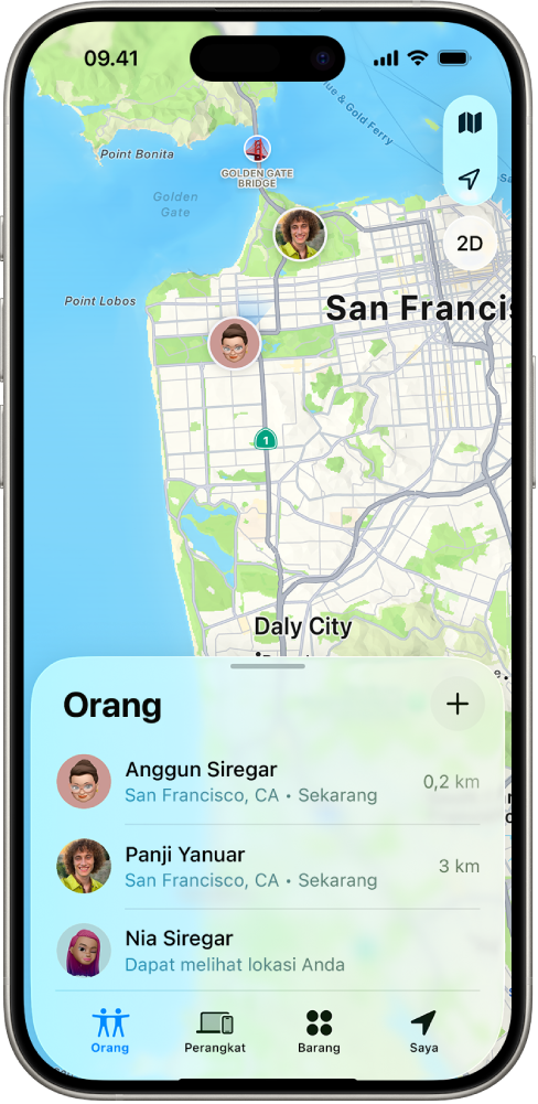 Layar iPhone menampilkan lokasi pengguna dan empat lokasi pengguna lainnya.