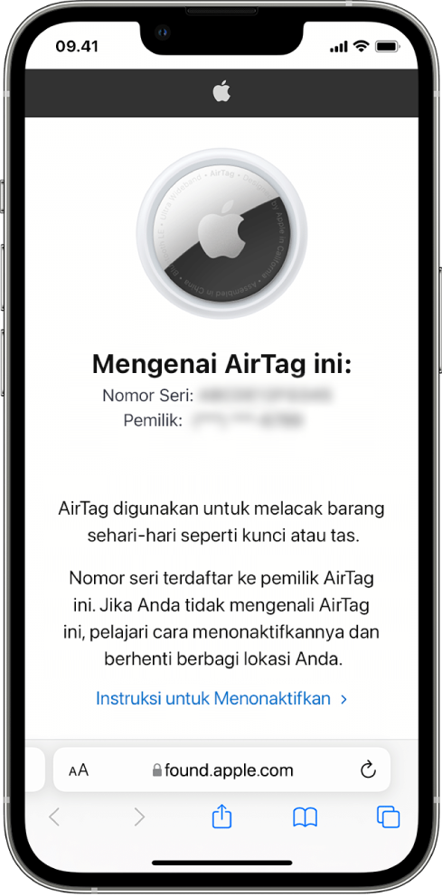 Layar iPhone menampilkan informasi mengenai AirTag.