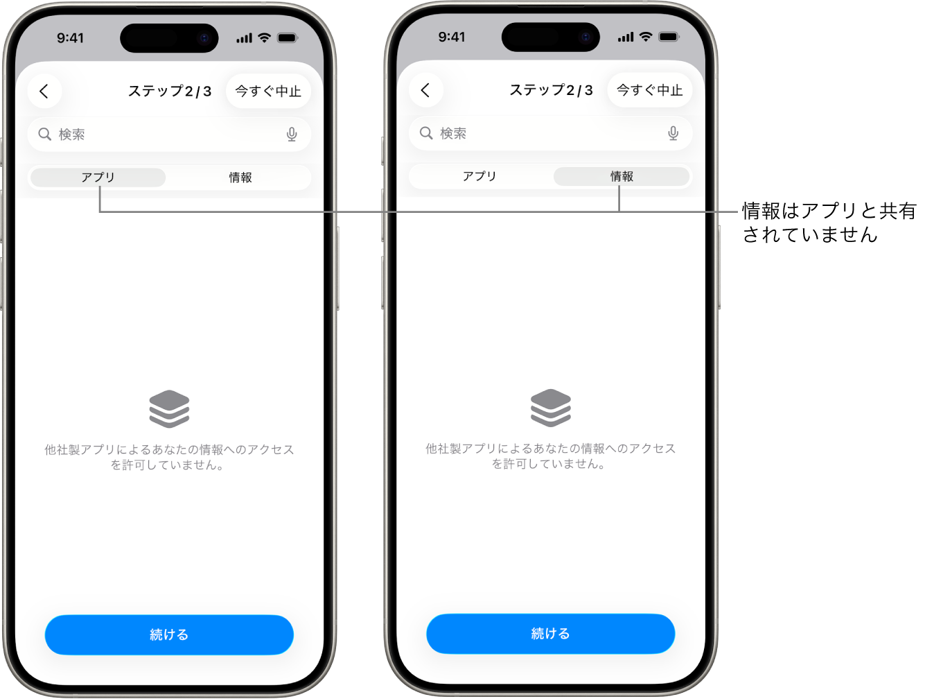 「アプリ」および「情報」タブを選択してユーザがほかのどのアプリとも情報を共有していないことが示されている画面。