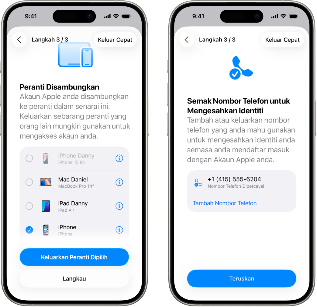 Dua skrin iPhone menunjukkan (1) peranti dipilih untuk dikeluarkan daripada peranti dipercayai dan (2) skrin untuk mengedit nombor telefon dipercayai.