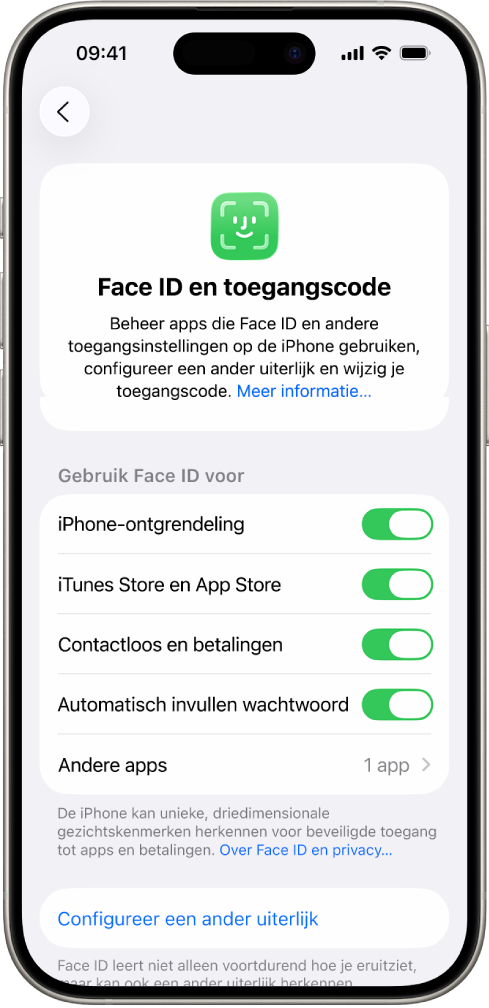 Het Face ID-scherm op de iPhone waarop te zien is waarvoor Face ID kan worden gebruikt, zoals het ontgrendelen van de iPhone, de iTunes Store en App Store, Wallet en Apple Pay en het automatisch invullen van wachtwoorden.