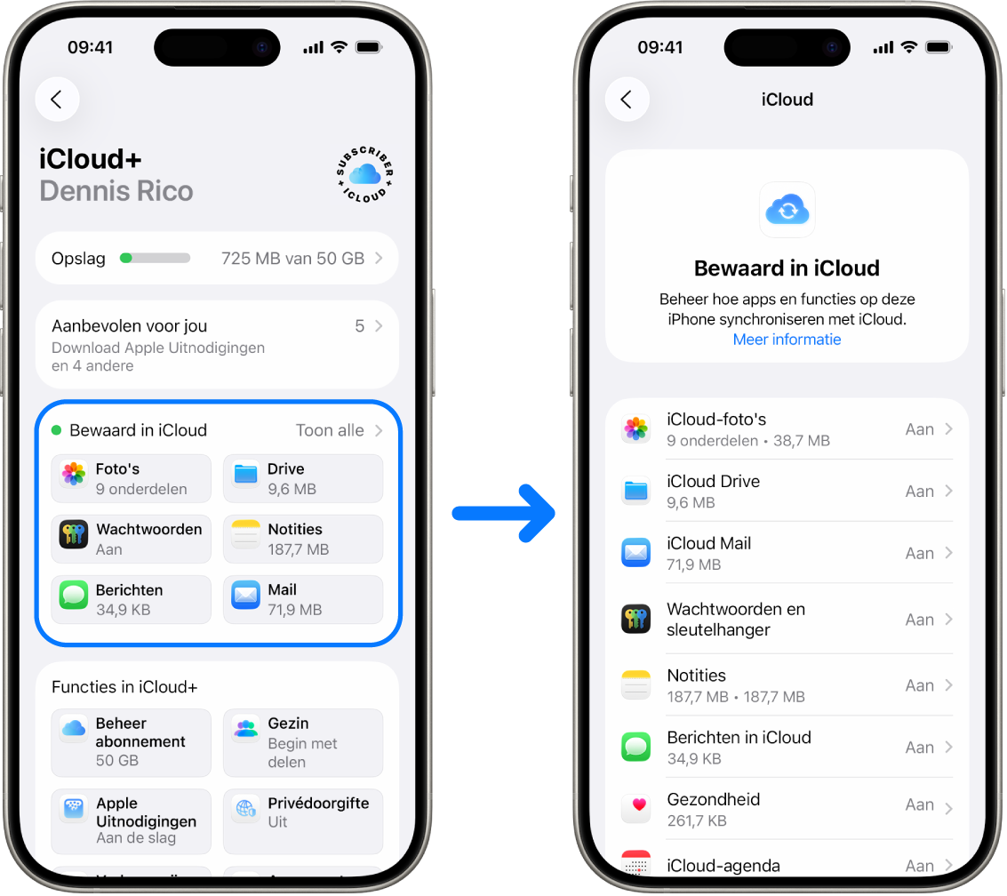 Een iPhone met een Apple Account waarbij is ingelogd terwijl verschillende iCloud-voorzieningen zijn ingeschakeld.