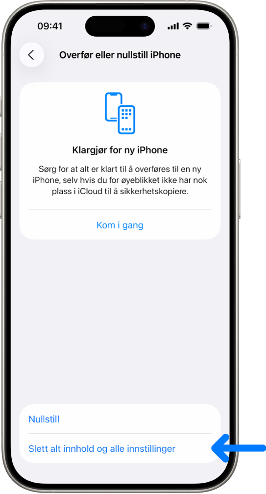 En iPhone-skjerm som viser Slett alt innhold og alle innstillinger som markert valg.