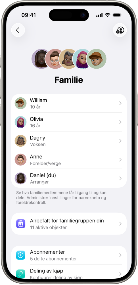 Familiedeling-skjermen i Innstillinger. Fem familiemedlemmer vises i listen og fire abonnementer er delt med familien.
