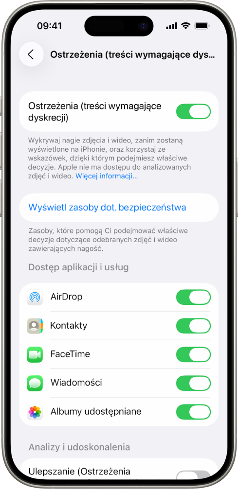 iPhone wyświetlający ekran z ostrzeżeniem o treściach wymagających dyskrecji.