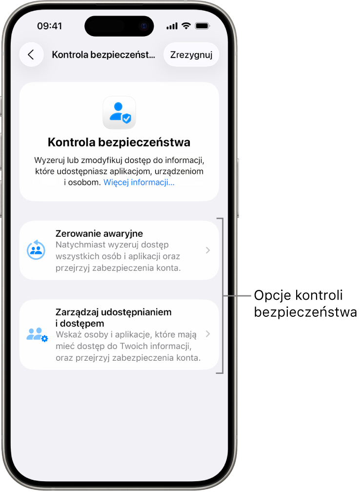 Ekran ilustrujący dwie opcje dostępne w funkcji Kontrola bezpieczeństwa: Zerowanie awaryjne oraz Zarządzaj udostępnianiem i dostępem.