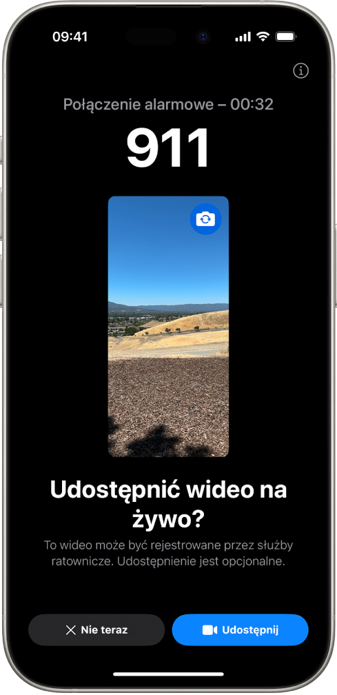 Ekran Wideo na żywo (Alarmowe SOS) pokazujący połączenie alarmowe z numerem 911 i podglądem wideo w środku. U dołu znajdują się przyciski Nie teraz i Udostępnij wideo.