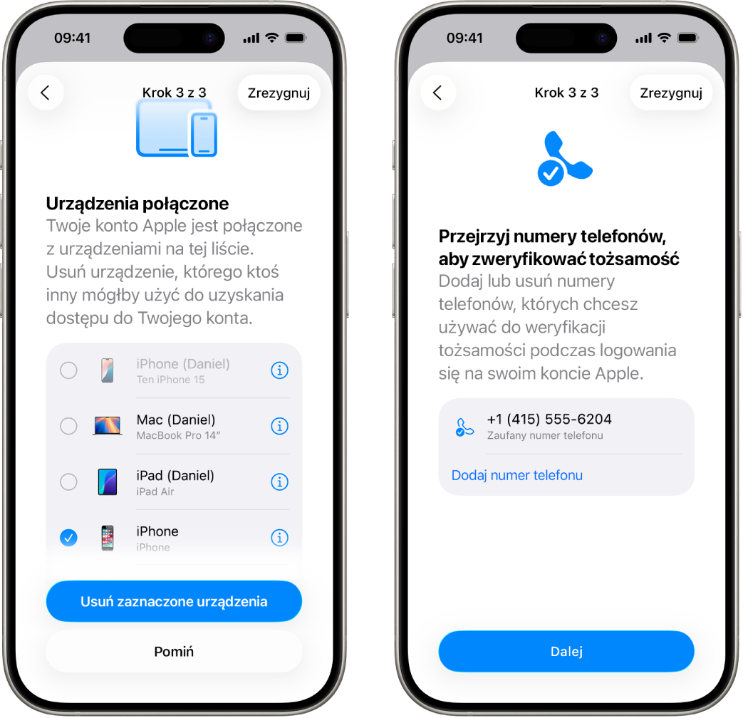 Dwa ekrany iPhone’a przedstawiające (1) zaznaczone urządzenie do usunięcia z zaufanych urządzeń, (2) ekran do edycji zaufanych numerów telefonów.
