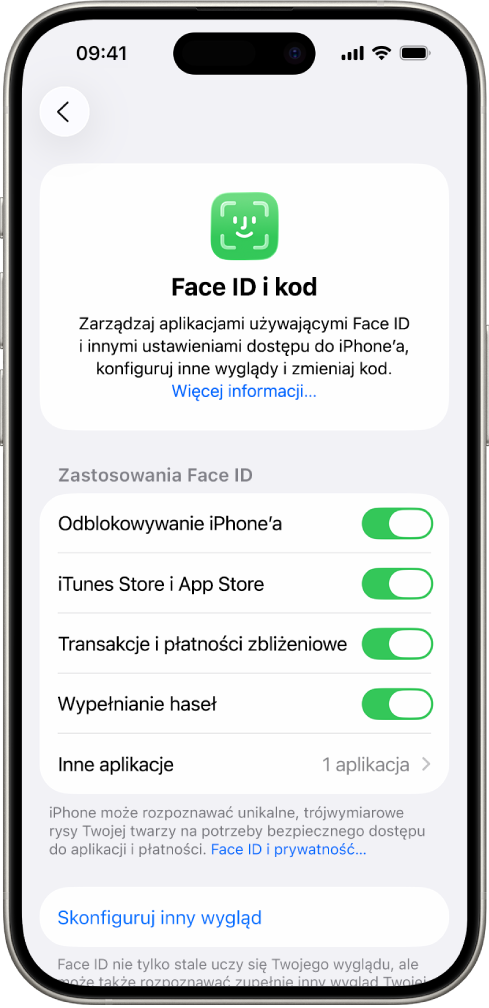 Ekran iPhone’a z informacjami o możliwych zastosowaniach Face ID, takich jak odblokowywanie iPhone’a, iTunes i App Store, Portfel i Apple Pay oraz automatyczne wypełnianie haseł.