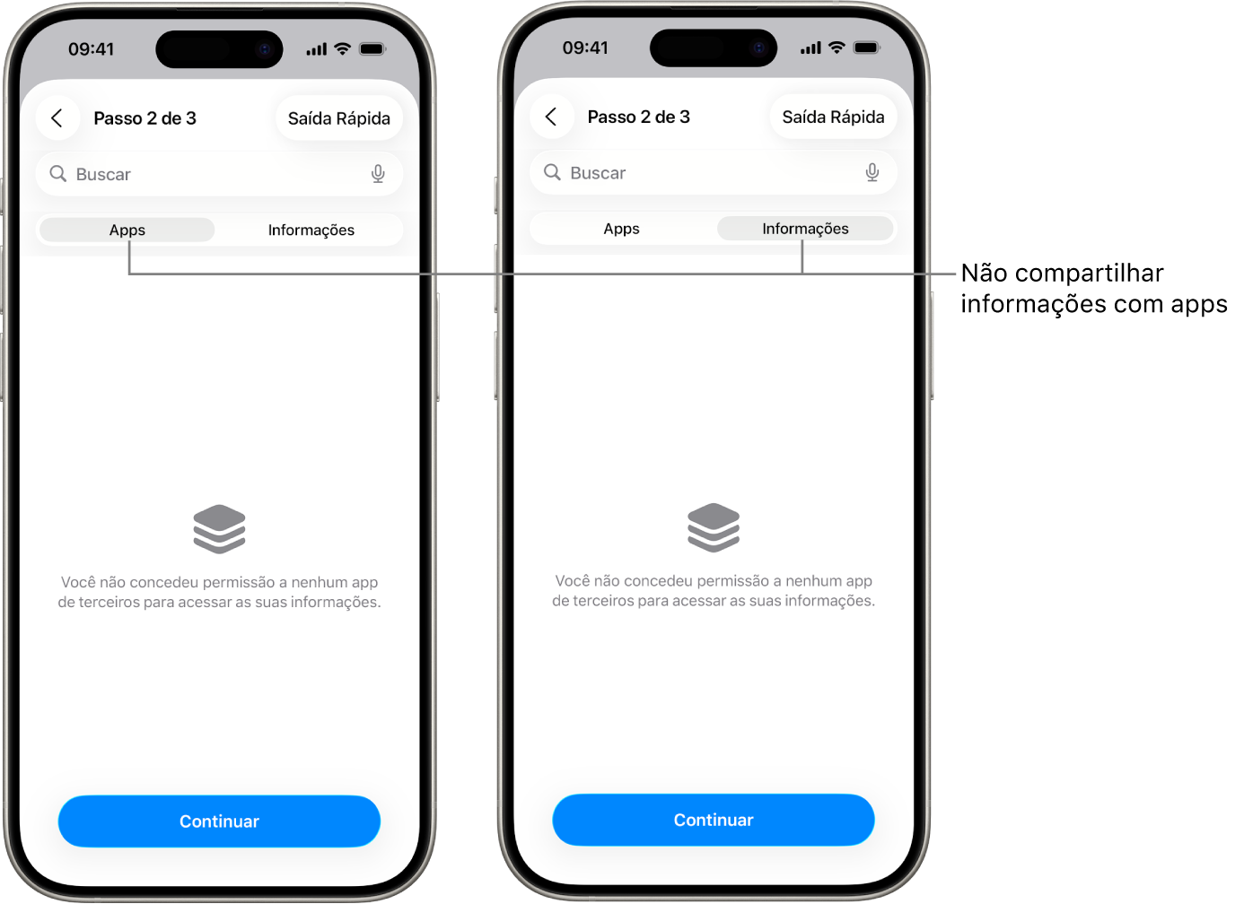 Tela mostrando que o usuário não está compartilhando nenhuma informação com nenhum outro app ao selecionar as abas Apps e Informações.