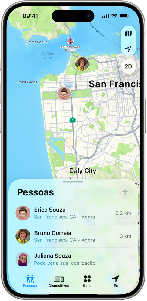 Tela do iPhone mostrando a localização de um usuário e a localização de quatro outros usuários.