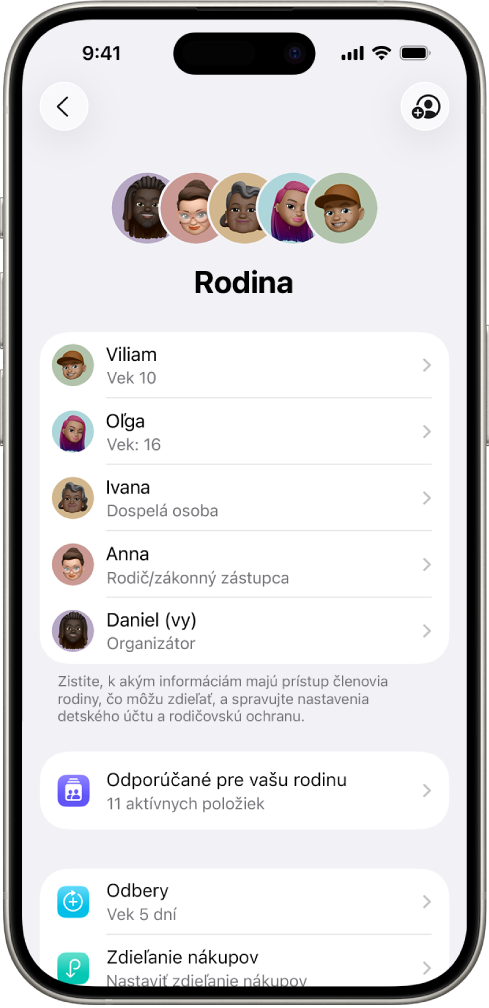 Obrazovka Rodinné zdieľanie v Nastaveniach. Zobrazujú sa piati členovia rodiny a štyri odbery zdieľané v rámci rodiny.