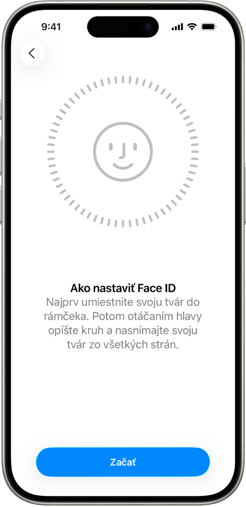 Obrazovka nastavenia rozpoznávania funkciou Face ID. Na obrazovke je vidieť tvár v kruhu. Text pod ňou žiada užívateľa, aby pomalým pohybom hlavy opísal celý obvod kruhu.