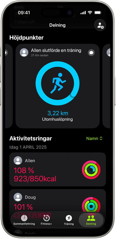 En iPhone-skärm som visar aktivitetsdata som delas med två andra personer.