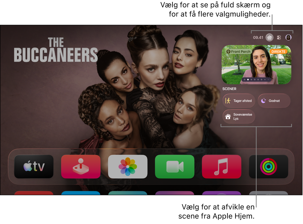 Skærm på Apple TV, der viser fanen Apple Hjem.