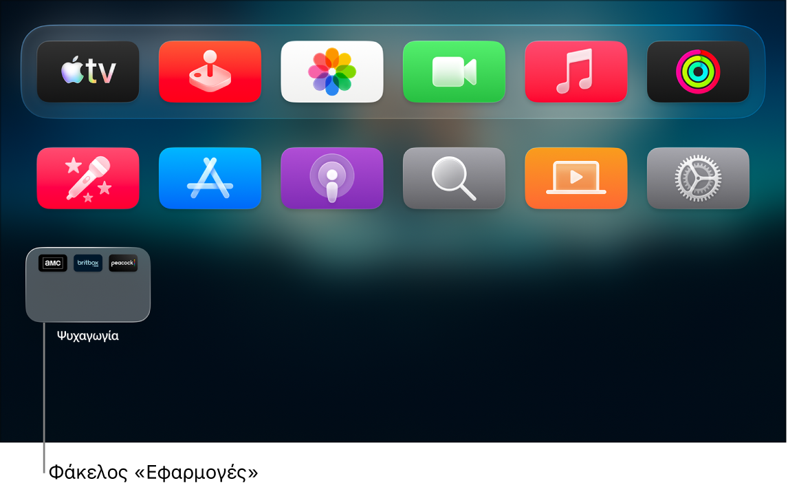 Οθόνη Αφετηρίας του Apple TV όπου φαίνεται ένας φάκελος εφαρμογών.