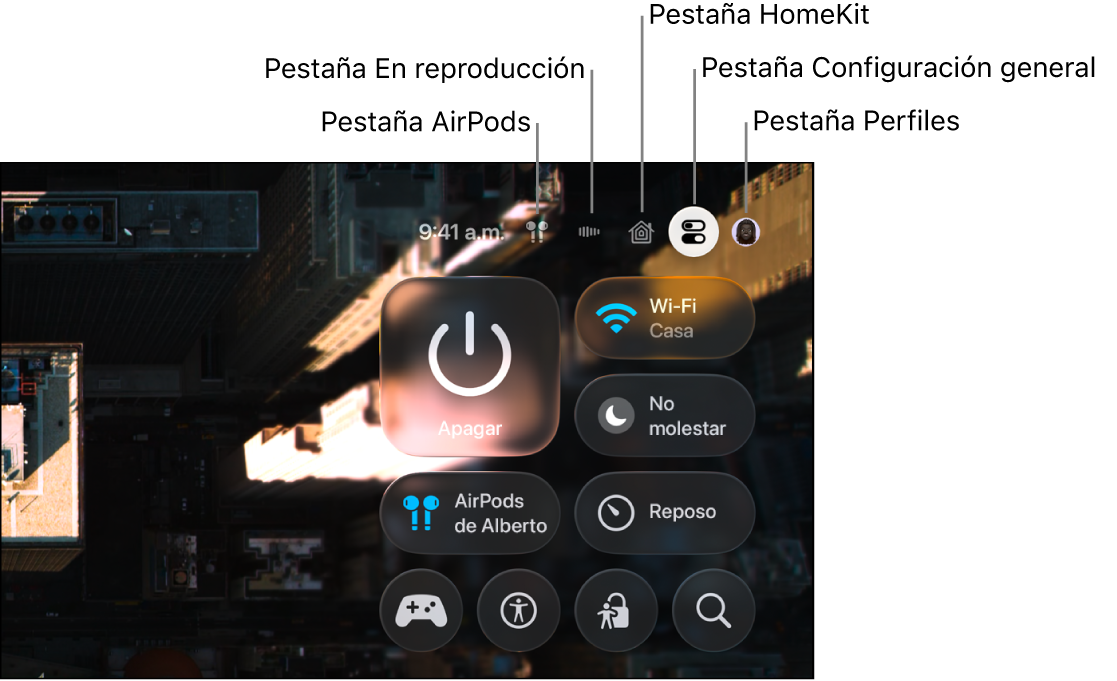 Ilustración mostrando pestañas en el centro de control