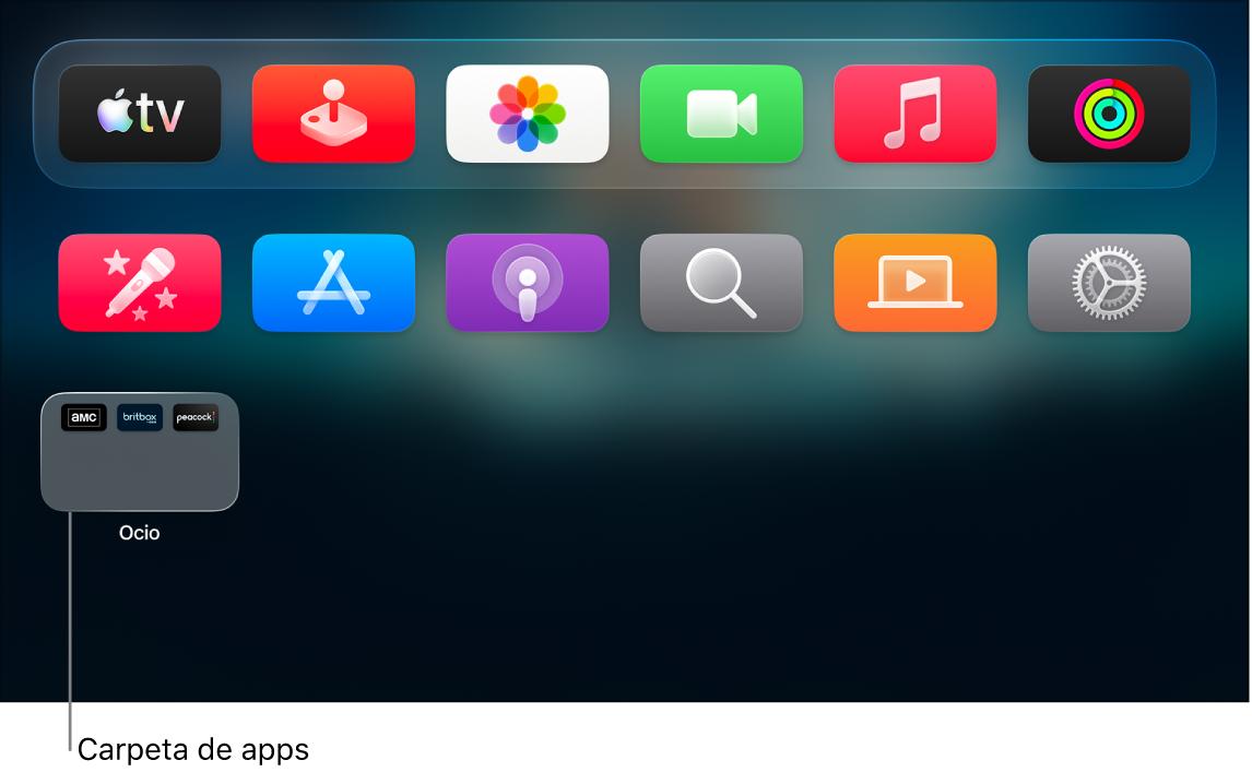Pantalla de inicio del Apple TV con una carpeta de apps.