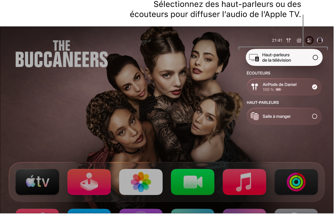 Écran de l’Apple TV qui affiche les commandes audio du centre de contrôle