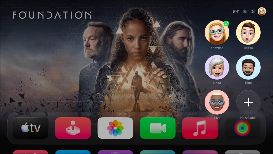 Az Apple TV képernyője a Vezérlőközpont profilok lapjával.