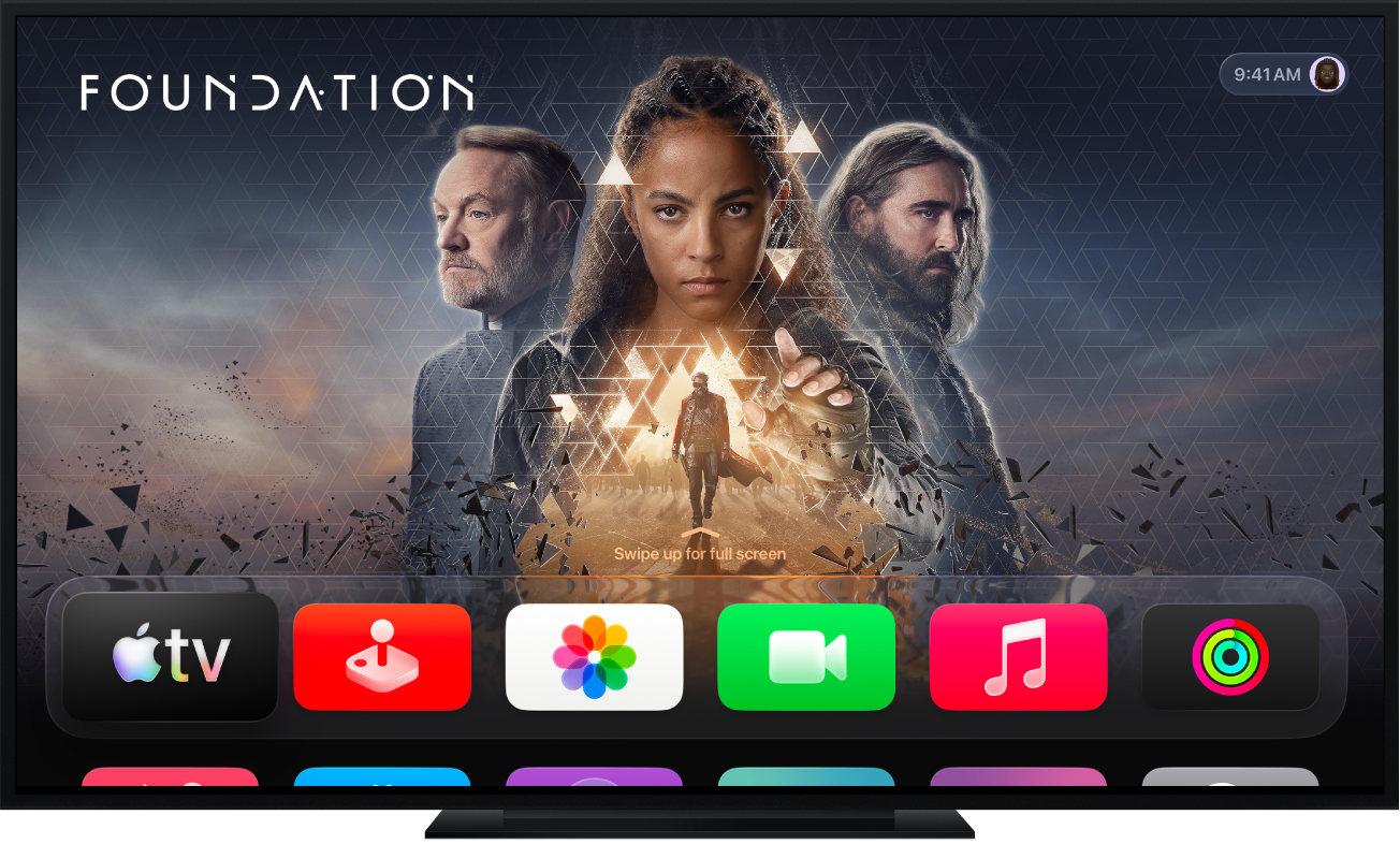 Apple TV ierīcē ir redzams sākuma ekrāns