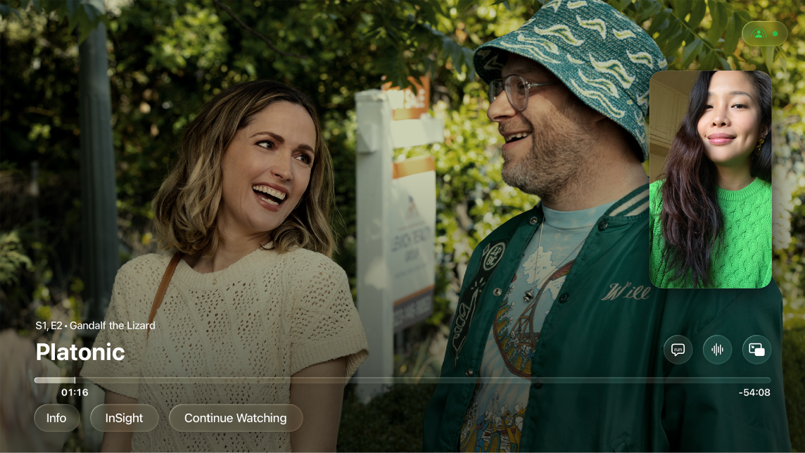 SharePlay piemērs parādīts iPhone tālrunī un Apple TV.