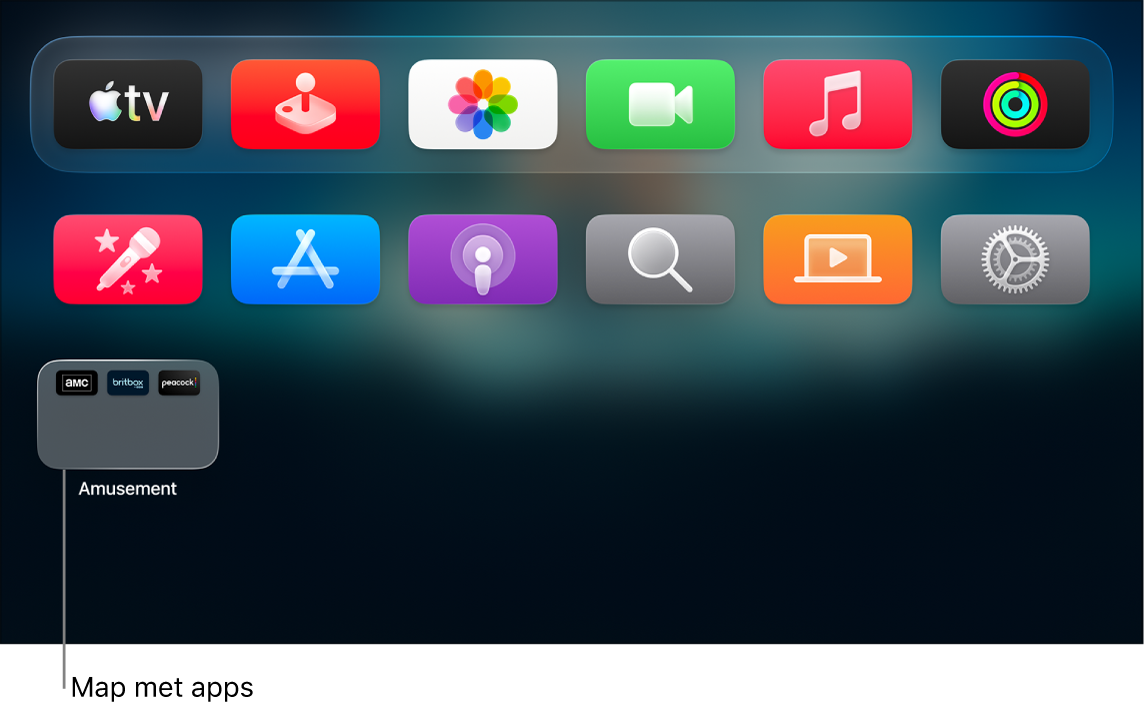 Het beginscherm van de Apple TV met daarin een map met apps.