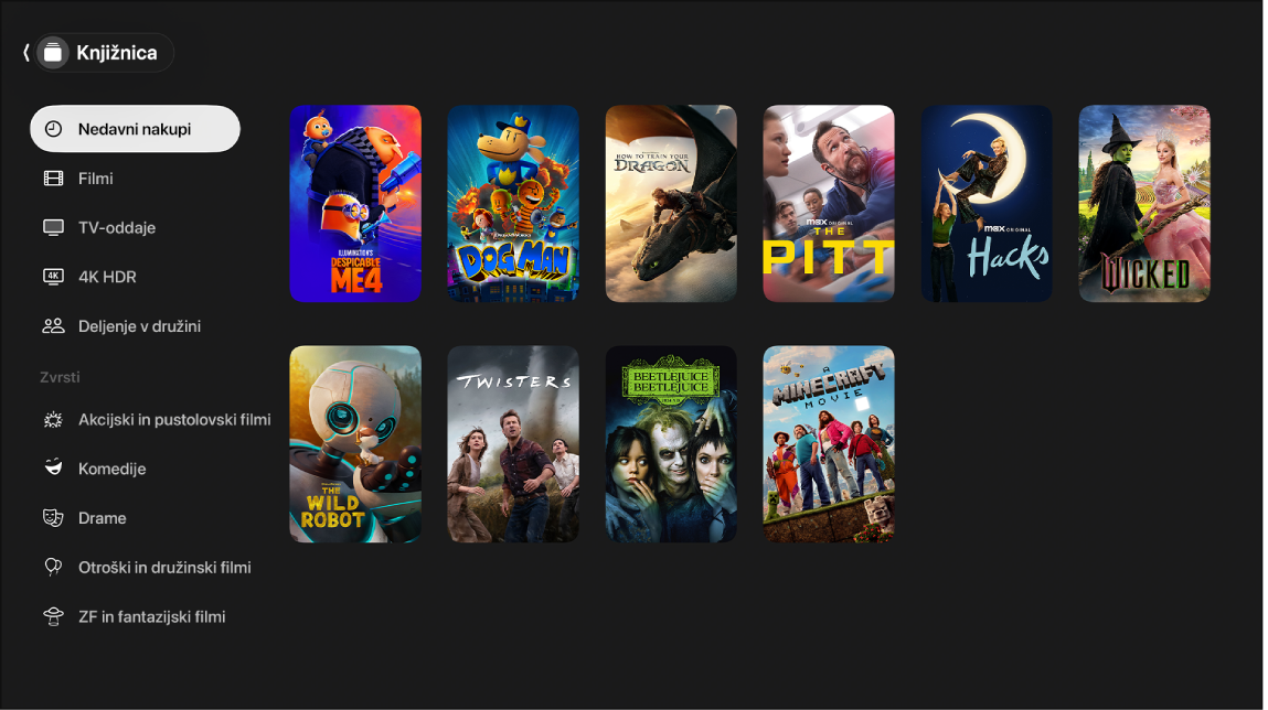 Zaslon, ki prikazuje možnost Knjižnica