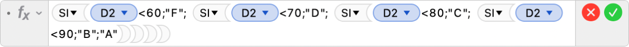 L’editor de fórmules mostra la fórmula =SI(D2<60;"F"; SI(D2<70;"D"; SI(D2<80;"C"; SI(D2<90;"B";"A")))).