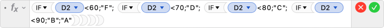 Editor vzorců zobrazující vzorec =IF(D2<60;"F"; IF(D2<70;"D"; IF(D2<80;"C"; IF(D2<90;"B";"A"))))