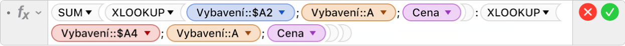 Editor vzorců zobrazující vzorec =SUM(XLOOKUP(Výrobky::$A2;Výrobky::A;Cena):XLOOKUP(Výrobky::$A4;Výrobky::A;Cena))