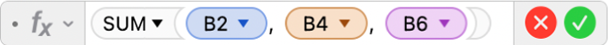 공식 =SUM(B2, B4, B6)을 표시하는 공식 편집기.