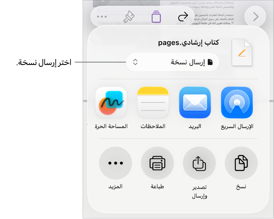 القائمة مشاركة حيث يظهر بها الخيار إرسال نسخة محددًا في الجزء العلوي.