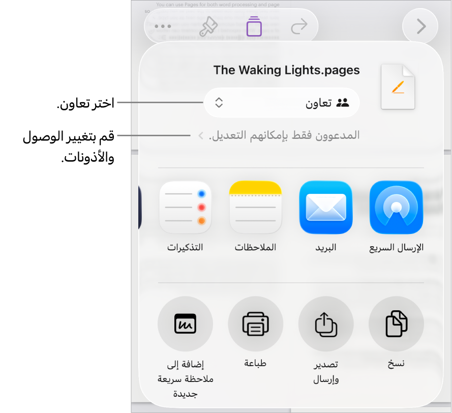 القائمة مشاركة حيث يظهر بها الخيار تعاون محددًا في الجزء العلوي، وإعدادات الوصول والأذونات في الجزء السفلي.