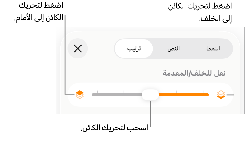 زر تحريك للخلف، وزر تحريك للأمام، وشريط تمرير الطبقة.