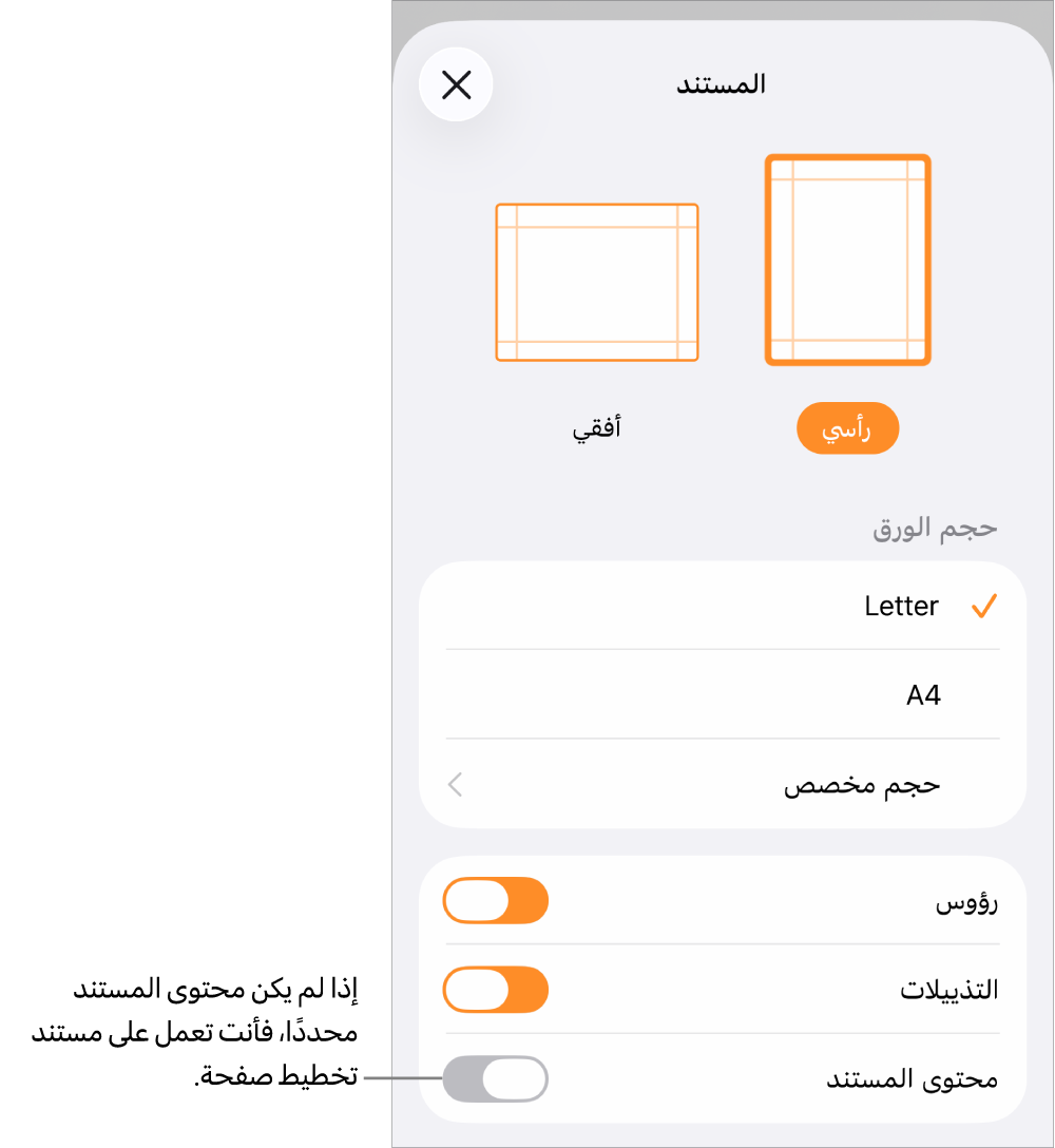 إعداد المستند مفتوح مع إلغاء تحديد نص المستند في مستند تخطيط الصفحة.