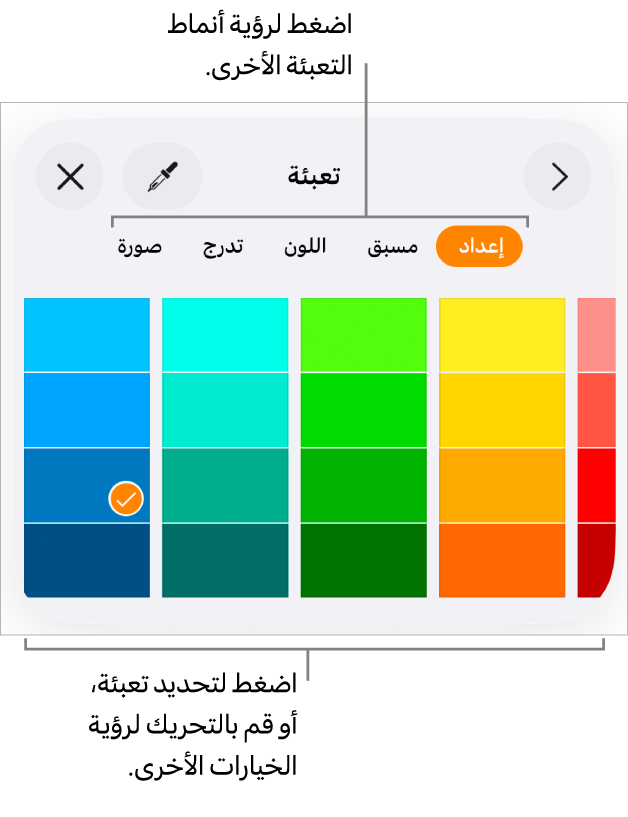 خيارات تعبئة في علامة تبويب النمط الخاص بزر التنسيق.