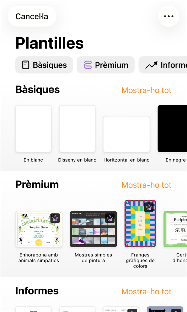 El selector de plantilles, amb una fila de categories a la part superior que pots tocar per filtrar les opcions. A sota hi ha miniatures de plantilles predissenyades ordenades en files per categoria: la primera, a la part superior, és Noves, seguida per Recents i Bàsiques. Es mostra el botó “Mostra-ho tot” a la part superior i a la dreta de cada fila de categories. El botó d’idioma i regió és a l’angle superior dret.