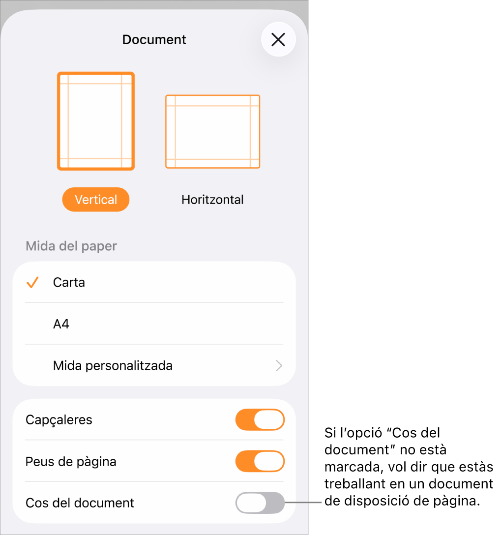 Configuració del document oberta amb l’opció “Cos del document” desmarcada en un document de disposició de pàgina.