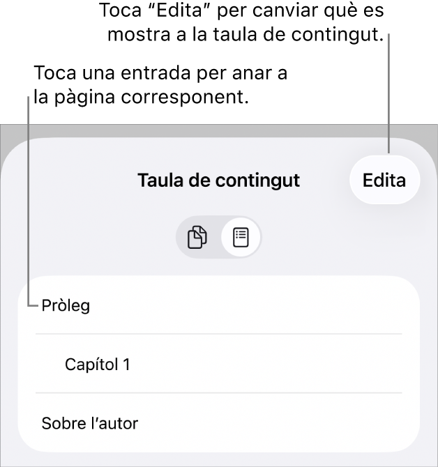 La vista de taula de contingut amb capçaleres en una llista. El botó “Edita” a l’angle superior dret i els botons “Miniatures de pàgina” i “Taula de continguts” a la part inferior.
