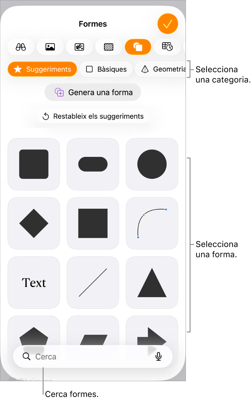 La biblioteca de formes, amb categories a la part superior i les formes a sota. Pots utilitzar el botó de cerca situat a la part superior per trobar formes i passar el dit per veure’n més.