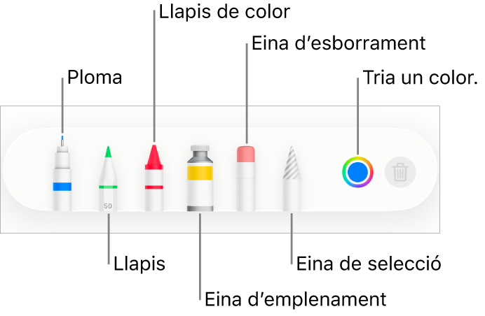 La barra d’eines de dibuix al Pages de l'iPhone, amb una ploma, un llapis, un llapis de colors, l’eina d’emplenament, l’eina d’esborrament, l’eina de selecció i la paleta de colors que mostra el color actual.