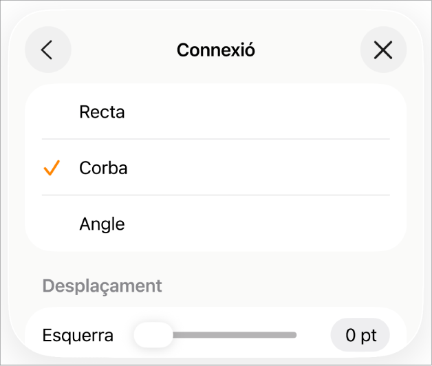 Els controls Connexió amb l’opció Corba seleccionada.