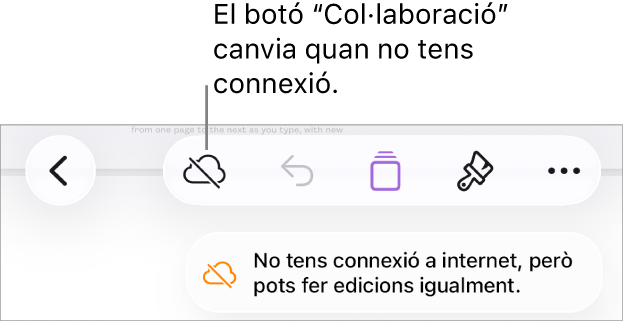 Els botons a la part superior de la pantalla, amb el botó “Col·laboració” canviat a un núvol amb una línia diagonal a sobre. Una alerta a la pantalla amb el missatge “No tens connexió a internet, però pots fer edicions igualment”.