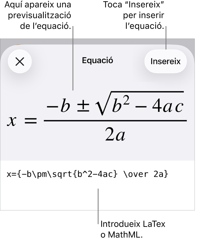 El quadre de diàleg Equació amb una equació escrita amb les ordres MathML i una previsualització de la fórmula al damunt.