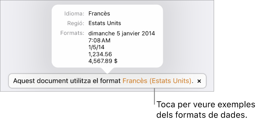 La notificació de la diferència de configuració d’idioma i regió, amb exemples del format d’aquell idioma i regió.