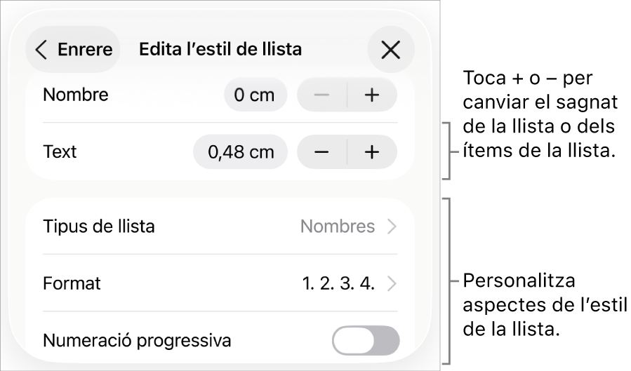 El menú “Edita l’estil de llista” en què es mostren els controls de l’espaiat de sagnat, tipus i format de la llista, numeració progressiva i interlineat.