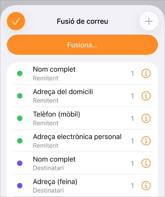 Les instàncies de camp de fusió enumerades al menú de fusió de correu.
