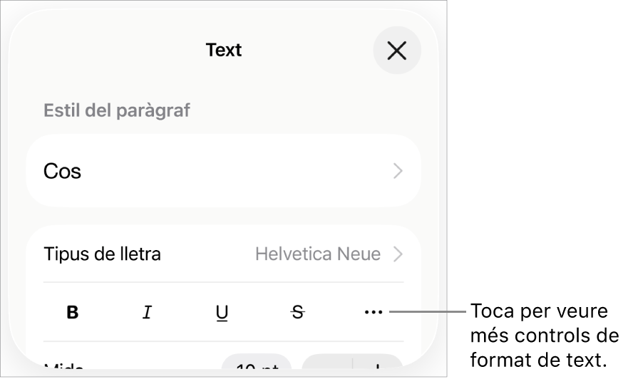 La pestanya Text dels controls de format amb una llegenda per al botó “Més opcions de text”.